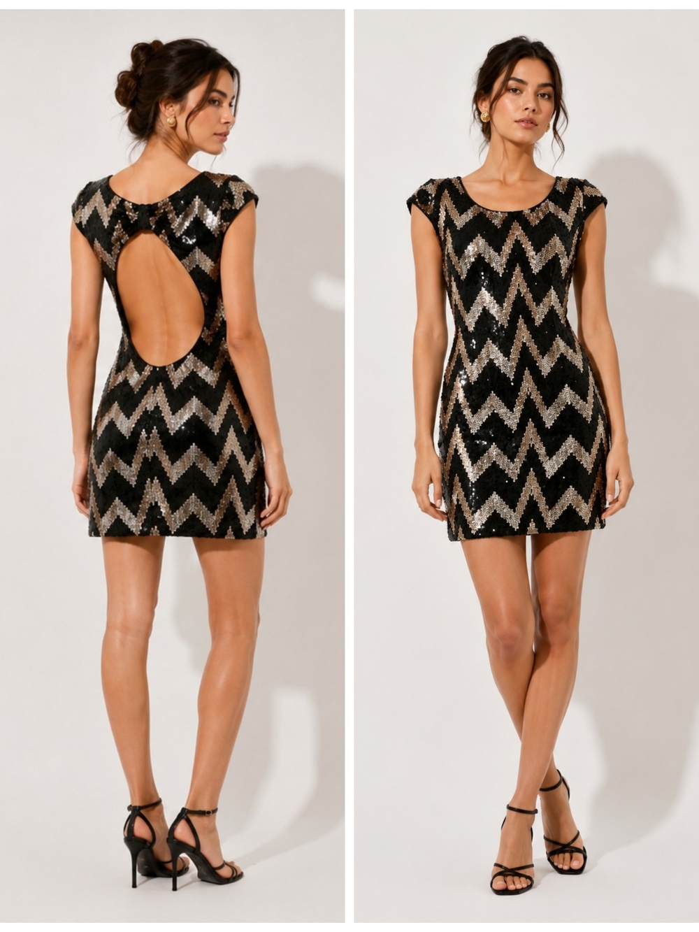 Dress the population Black & Gold sequins mini dress Open back Studio 54 Glam